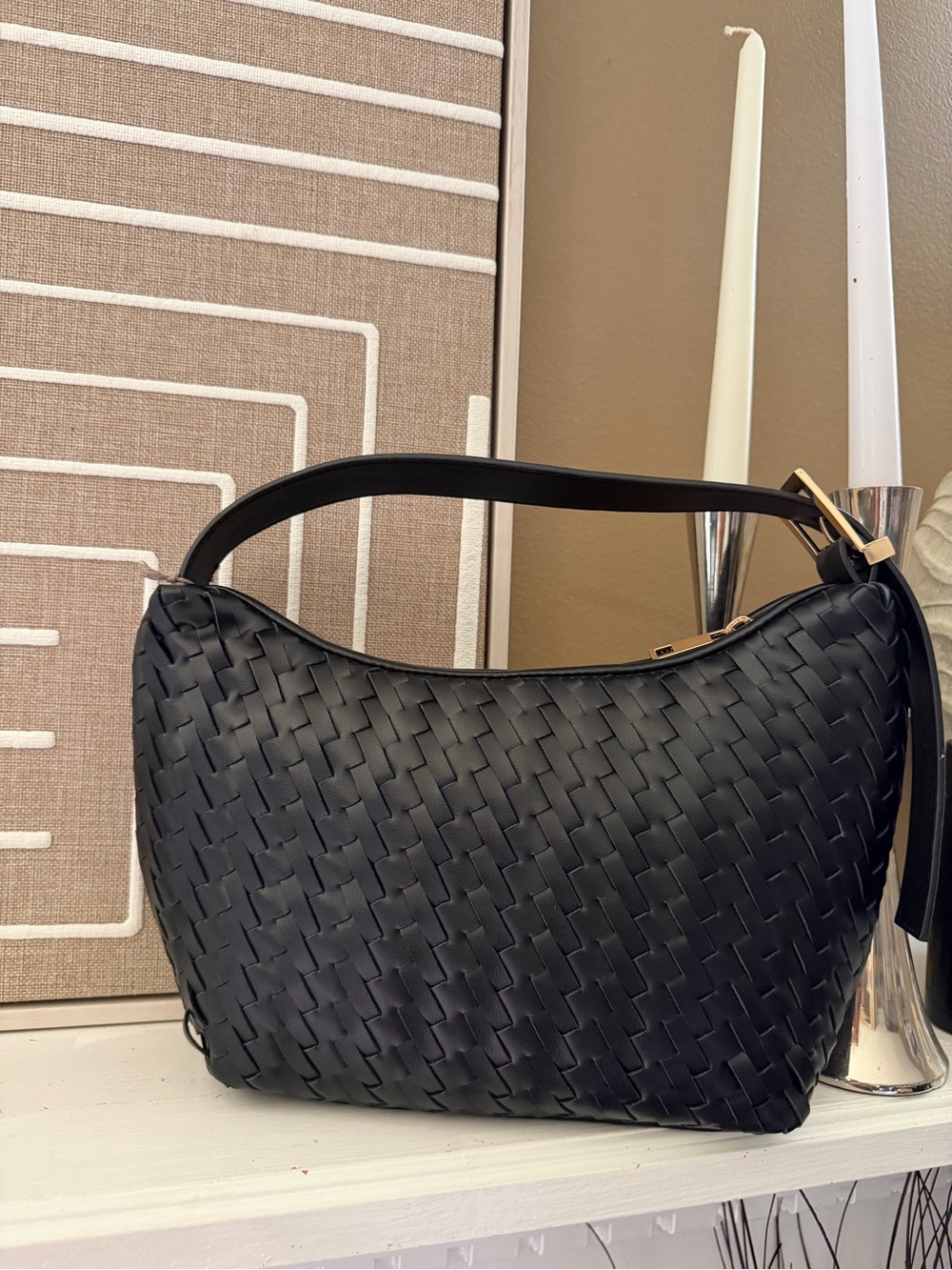a new day Black Woven Shoulder Hobo Bag